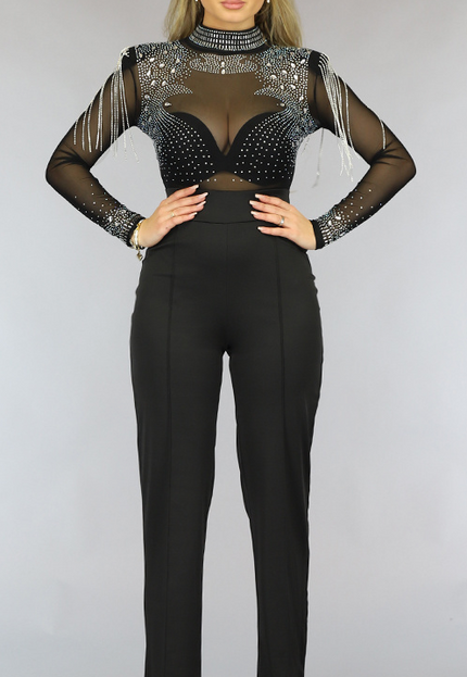 Zwarte Glitter Jumpsuit met Schoudervulling