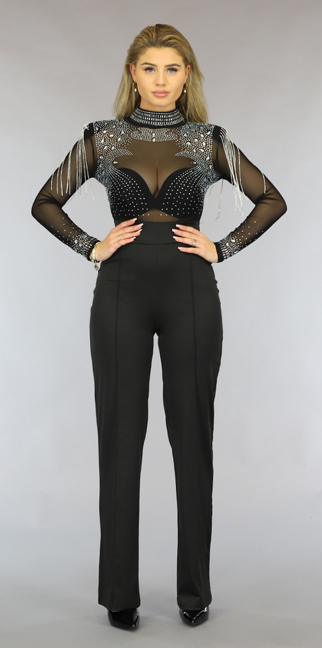 Zwarte Glitter Jumpsuit met Schoudervulling