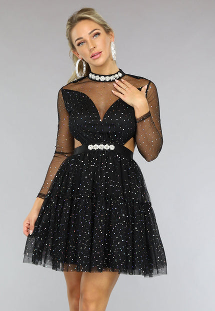Zwarte Glitter Skater Jurk met Cutouts