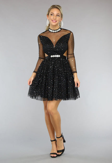 Zwarte Glitter Skater Jurk met Cutouts