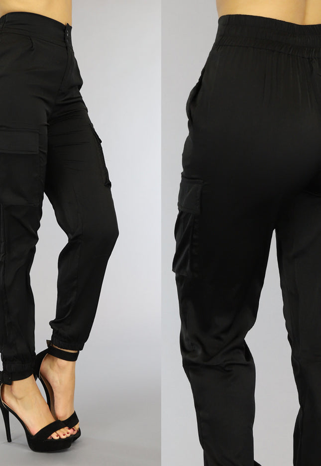 Zwarte High Waist Satin Cargo Broek