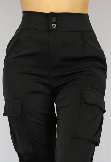 Zwarte High Waist Satin Cargo Broek