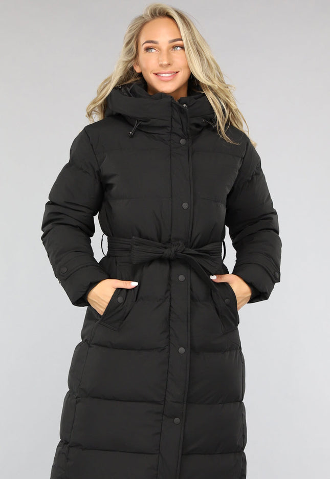 WINTER Zwarte Lange Donsjas met Tailleband