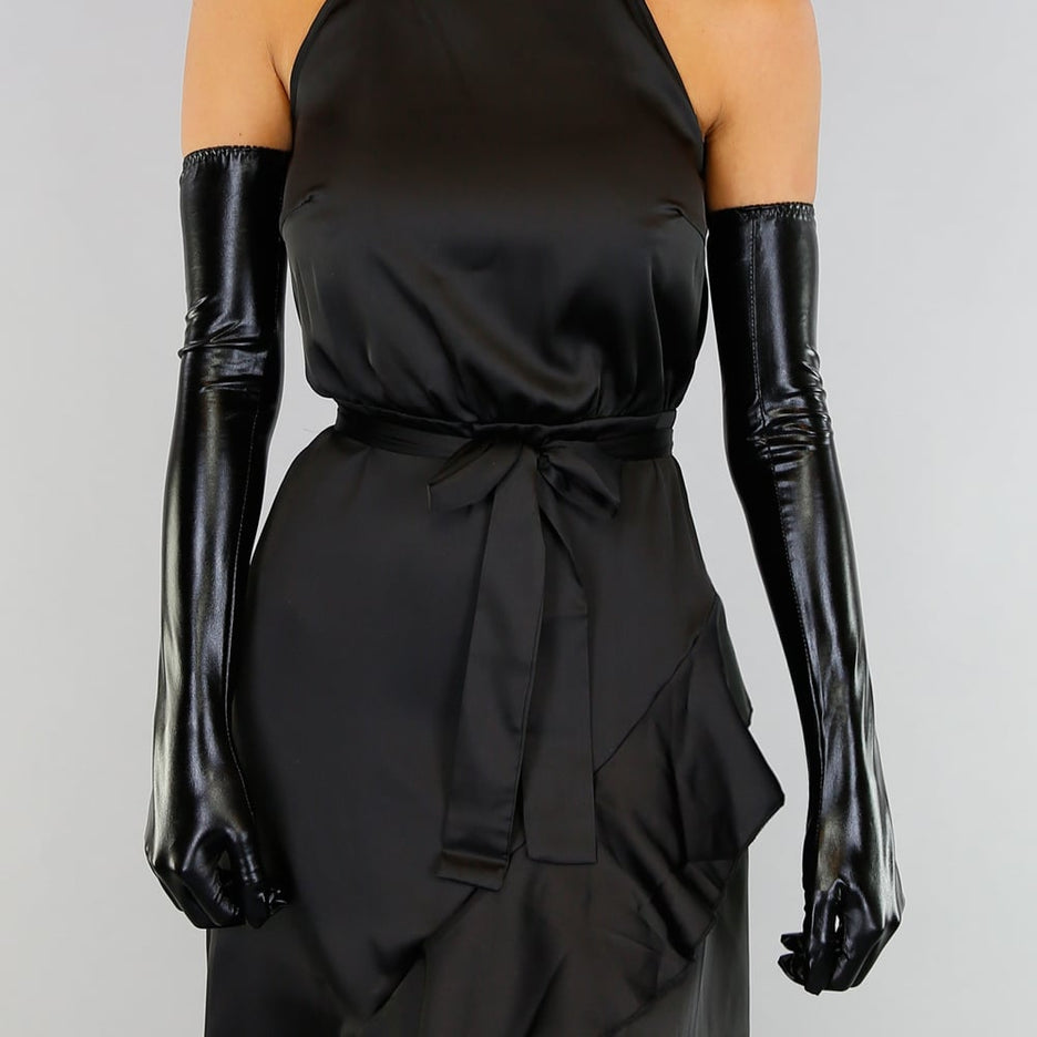 Zwarte Lange Wetlook Avondhandschoenen