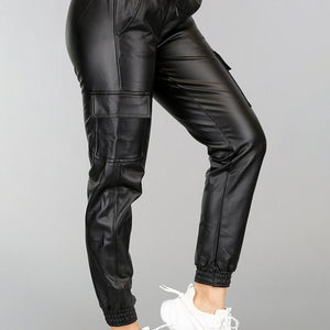 Zwarte Lederlook Cargo Broek met Stretch