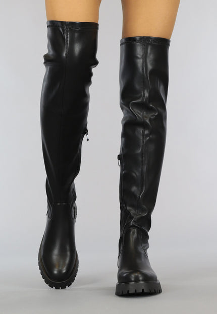 Zwarte Lederlook Overknee Laarzen met Grove Zool