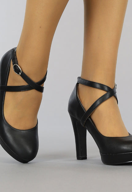 Zwarte Lederlook Pumps met Enkelbandje