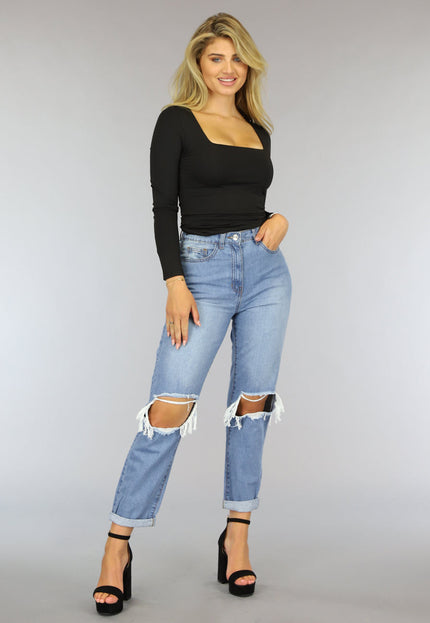 Zwarte Longsleeve Top met Vierkante Hals