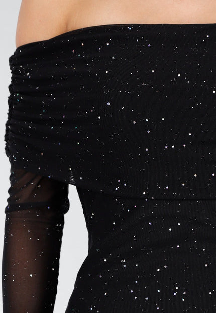 Zwarte Off Shoulder Glitter Stretch Jurk