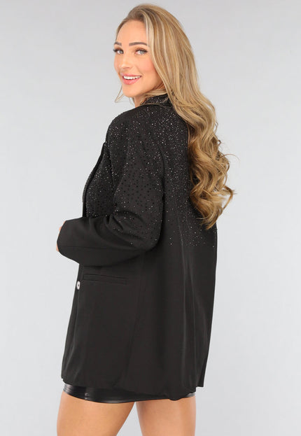 Zwarte Oversized Blazer met Glitter Steentjes