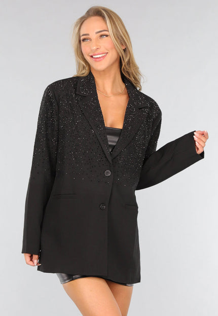 Zwarte Oversized Blazer met Glitter Steentjes