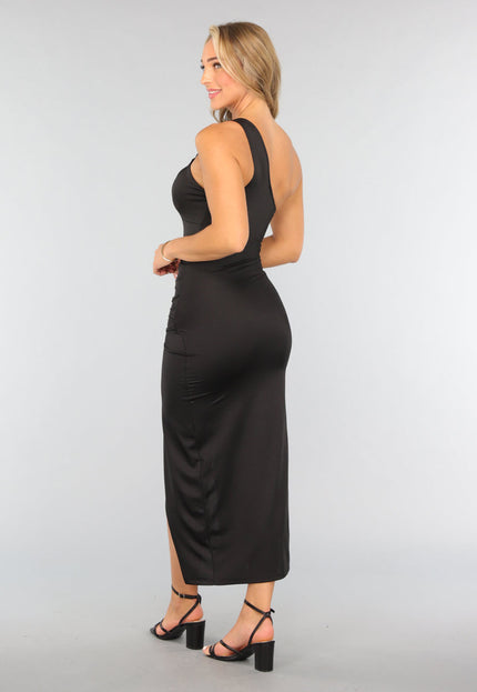 Zwarte Padded Satijnen Jurk met Twist Detail