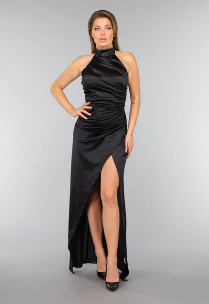 Zwarte Satijnen Halter Jurk met Split