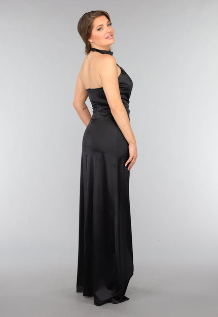 Zwarte Satijnen Halter Jurk met Split
