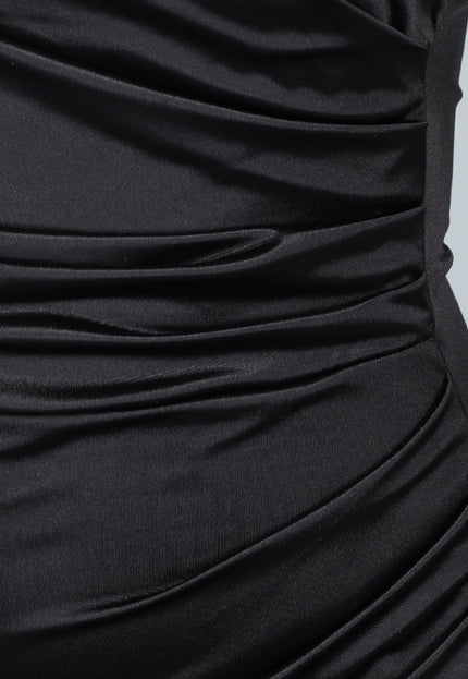 Zwarte Satijnen Halter Jurk met Split