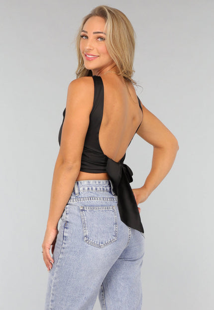 OP=OP.38.R Zwarte Satin Top met Strikdetail