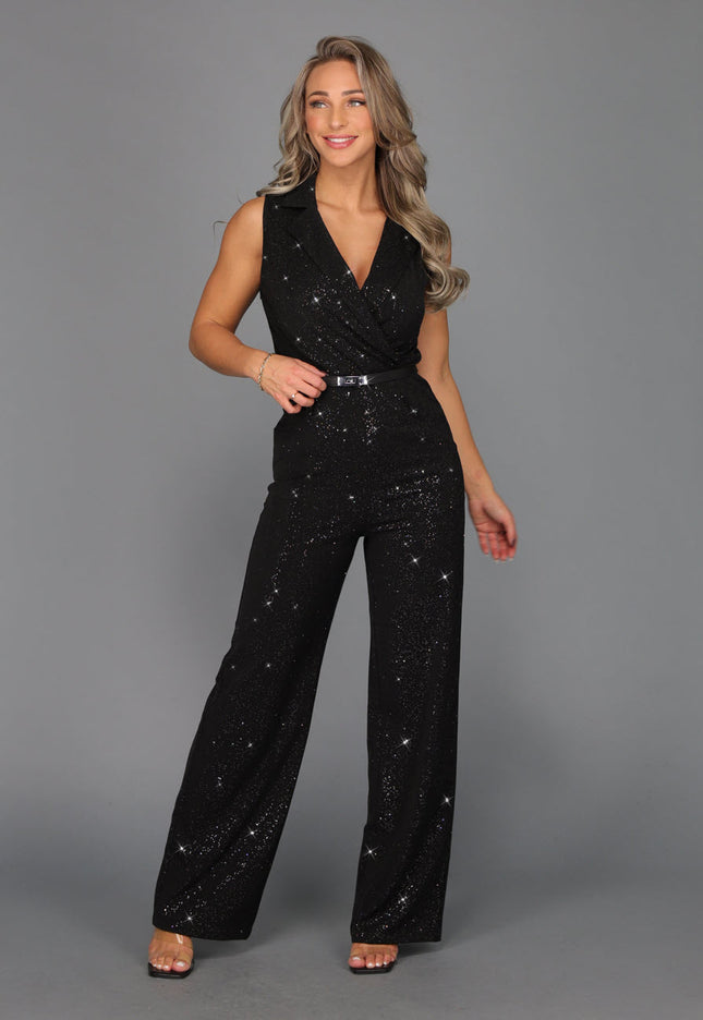 Zwarte Straight Leg Stretch Glitter Jumpsuit