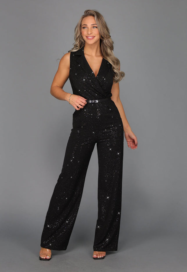 Zwarte Straight Leg Stretch Glitter Jumpsuit