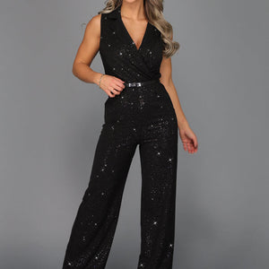 Zwarte Stretch Straight Leg Stretch Glitter Jumpsuit