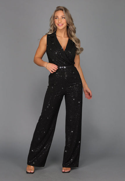 Zwarte Stretch Straight Leg Stretch Glitter Jumpsuit