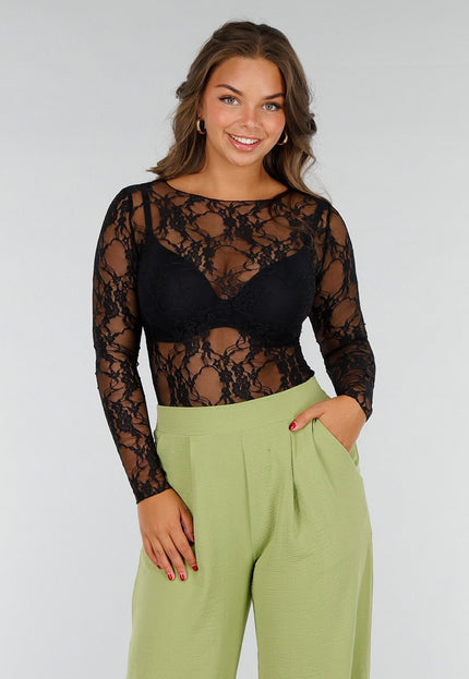 Zwarte Stretch Top met Kant en Bloemenpatroon