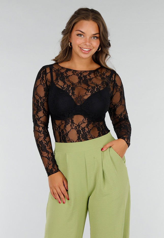 Zwarte Stretch Top met Kant en Bloemenpatroon