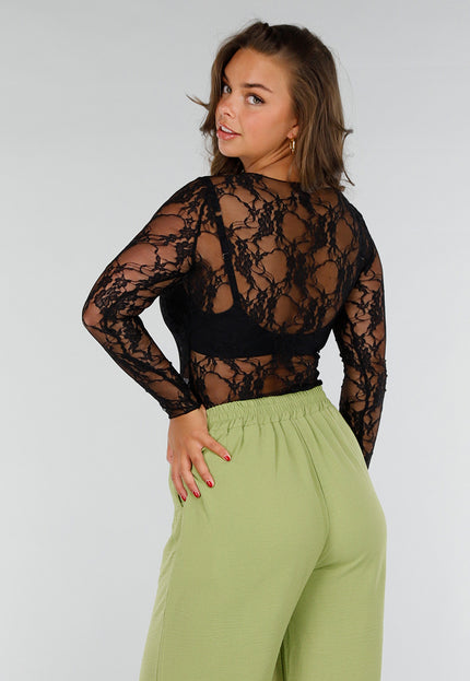 Zwarte Stretch Top met Kant en Bloemenpatroon