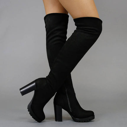 Zwarte Suède-Look Overknee Laarzen met Blokhak