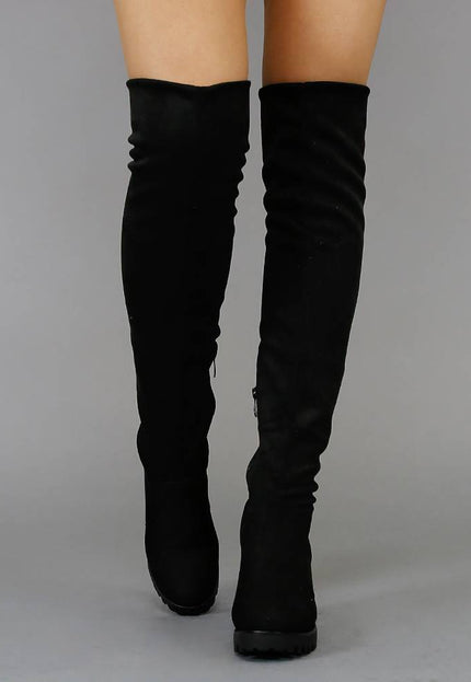 Zwarte Suède-Look Overknee Laarzen met Blokhak