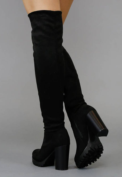 Zwarte Suède-Look Overknee Laarzen met Blokhak