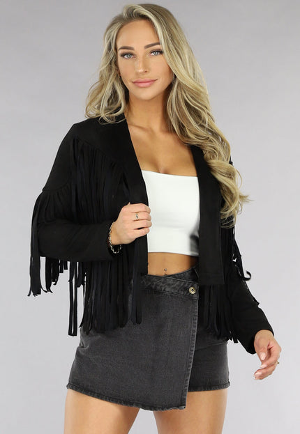 Zwarte Suèdelook Franje Jas