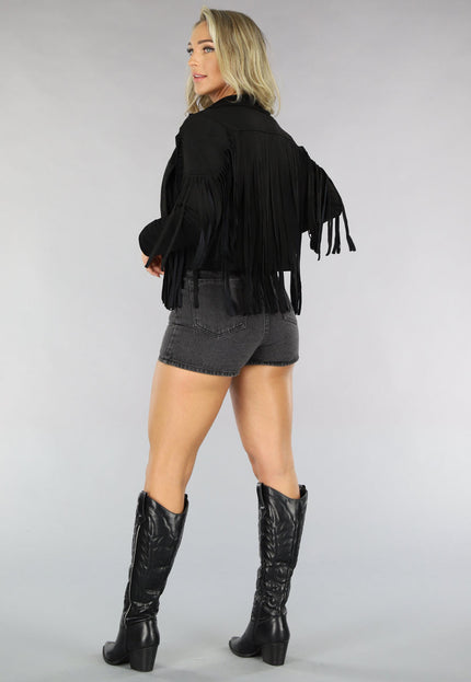 Zwarte Suèdelook Franje Jas