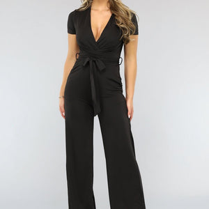Zwarte Wide Leg Jumpsuit met Korte Mouwen