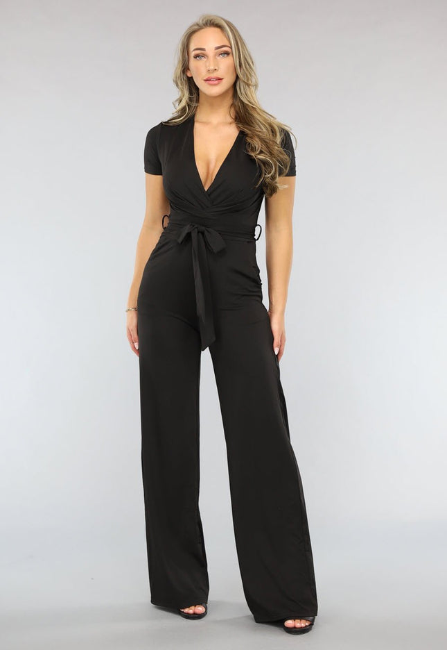 Zwarte Wide Leg Jumpsuit met Korte Mouwen