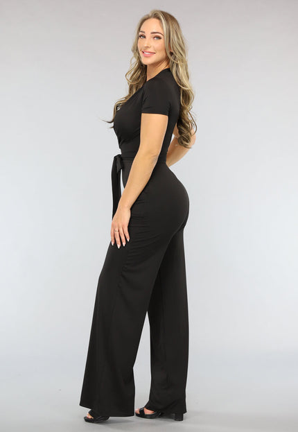 Zwarte Wide Leg Jumpsuit met Korte Mouwen