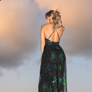 Zwart/Groene Pailletten Jurk met Dubbele Split