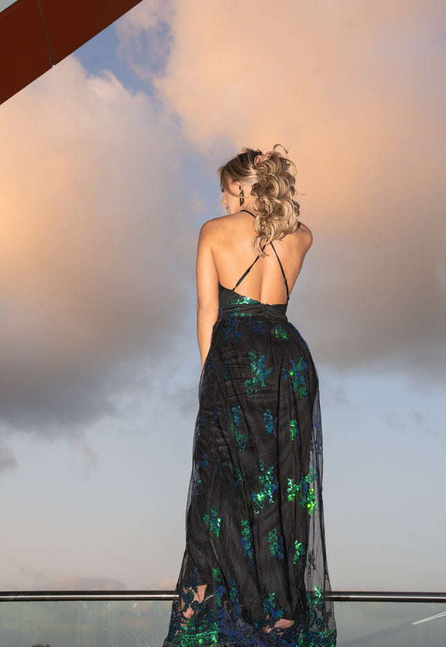 Zwart/Groene Pailletten Jurk met Dubbele Split