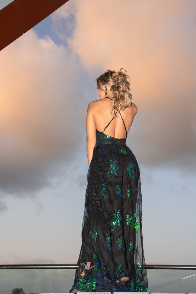 Zwart/Groene Pailletten Jurk met Dubbele Split